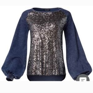 VENUS Sparkling Sequin and Denim Blouse